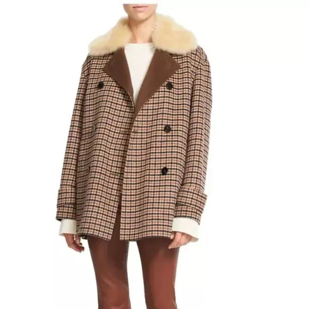 Theory Dorado Plaid Peacoat with Shearling Collar Size XL